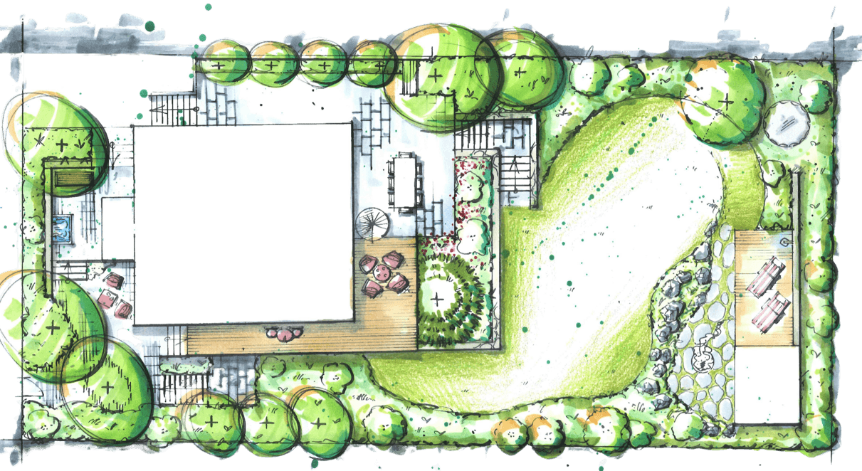 Gartenplan mit Entwurfsskizze